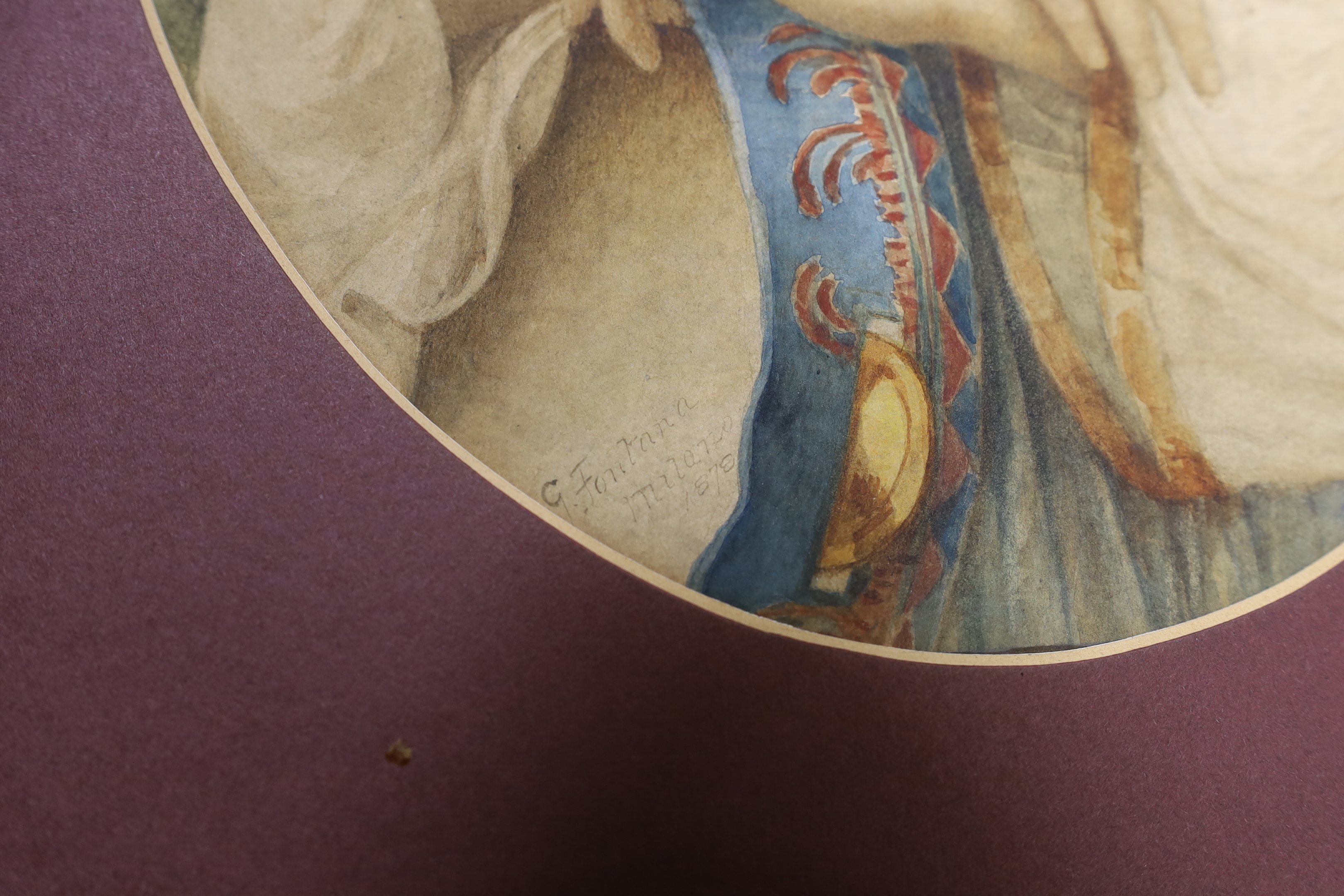 G. Fontana, watercolour, Portrait of a tambourine player, signed and dated 1878, 29 x 22cm, unframed